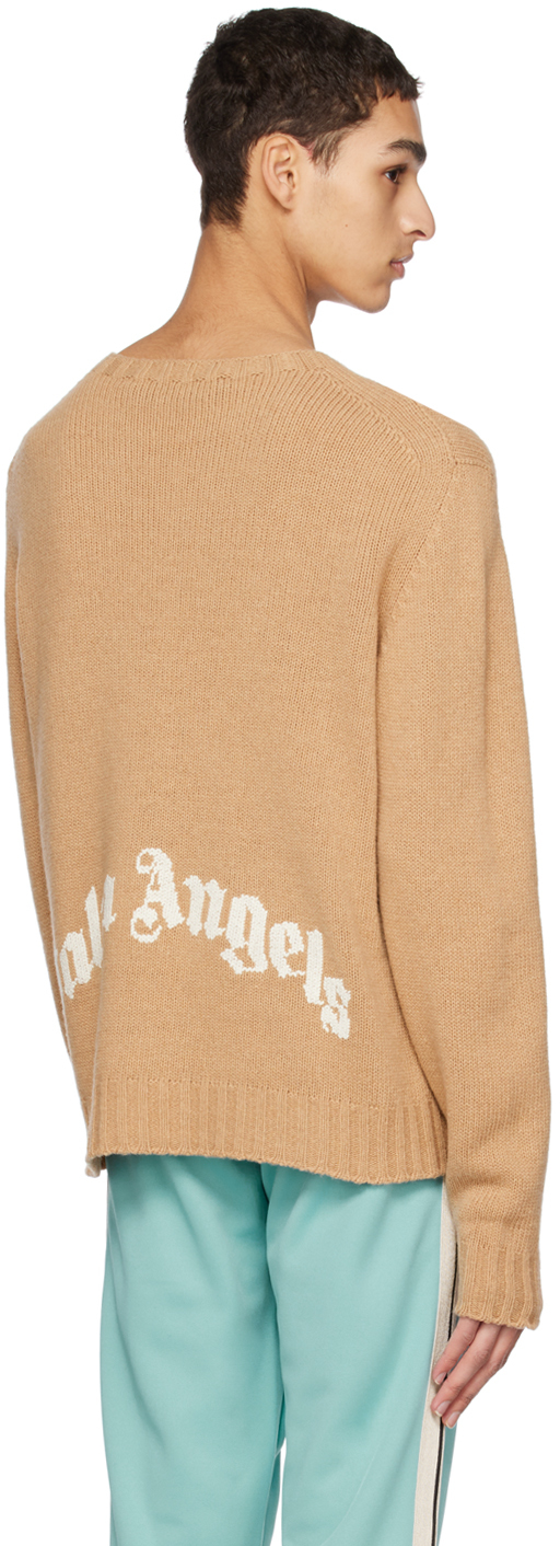 Palm Angels Curved Logo Wool Blend Knit Sweater In Beige White