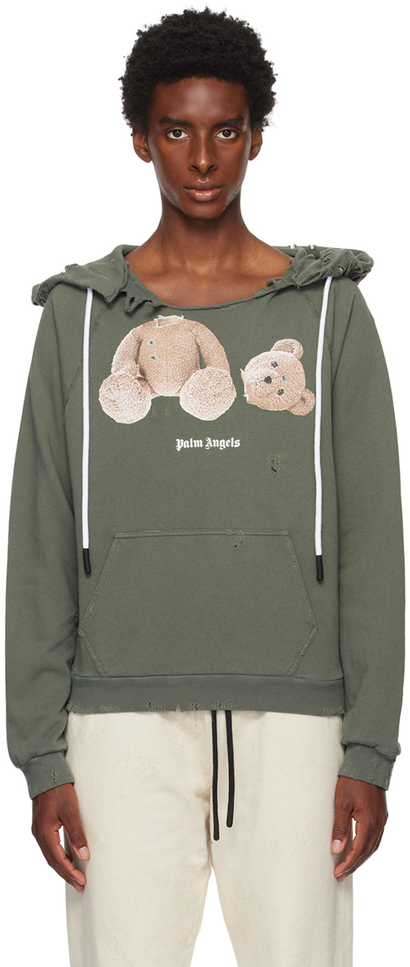 Khaki Bear Ripped Hoodie by Palm Angels on Sale