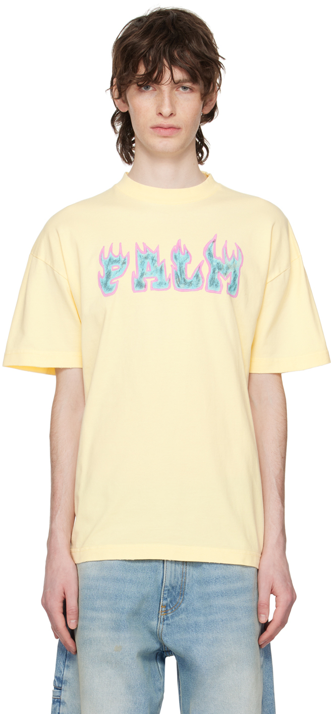 Palm Angels: Yellow Flames Vint T-Shirt | SSENSE