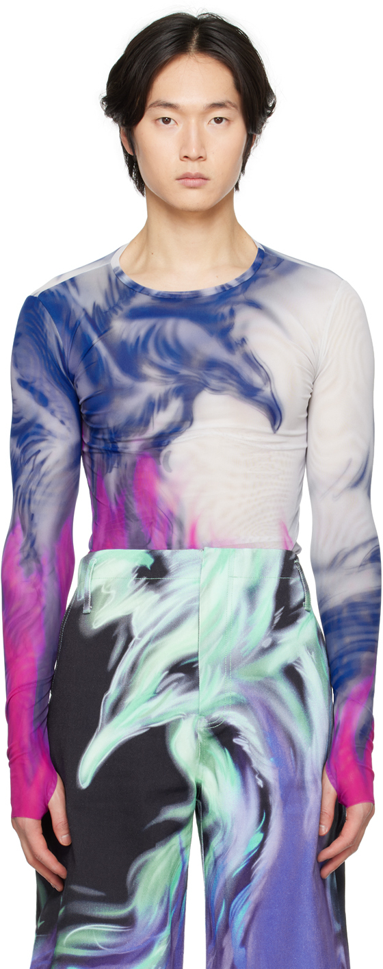Gerrit Jacob Blue & Pink Flame Long Sleeve T-shirt In White/blue/fuchsia