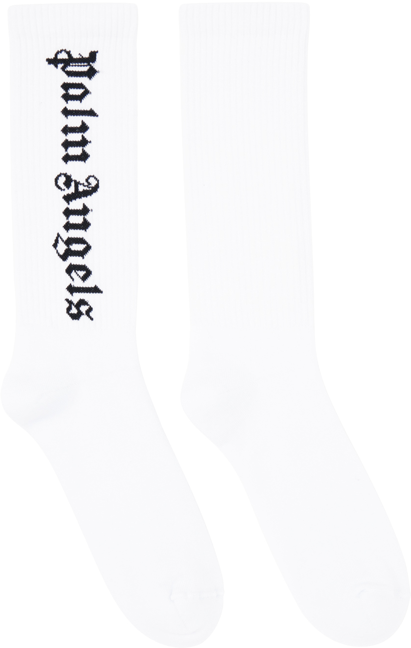 Palm Angels White Jacquard Socks In White Black