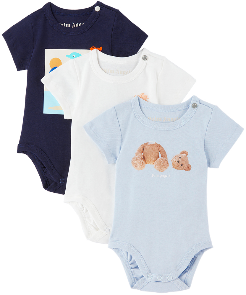 Palm Angels Three-pack Baby Multicolor Pa Bodysuits In Blue Orange