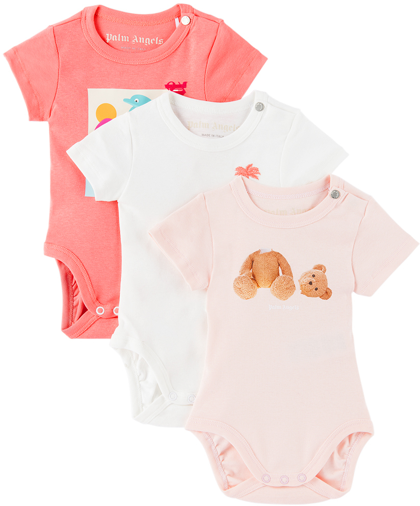 Palm Angels Three-pack Baby Multicolor Pa Bodysuits In Pink Coral