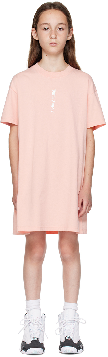 Palm Angels Kids Pink Crewneck Dress In Pink White