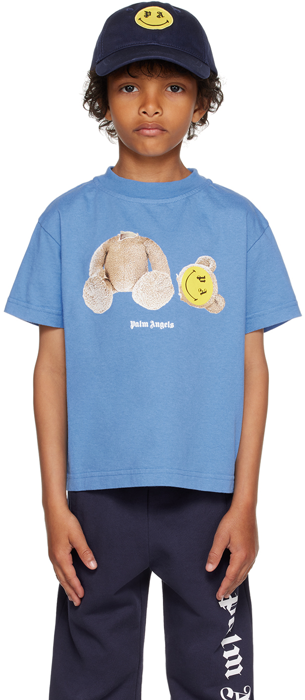 Palm Angels Kids' Smiley Teddy-print Cotton T-shirt In Blue