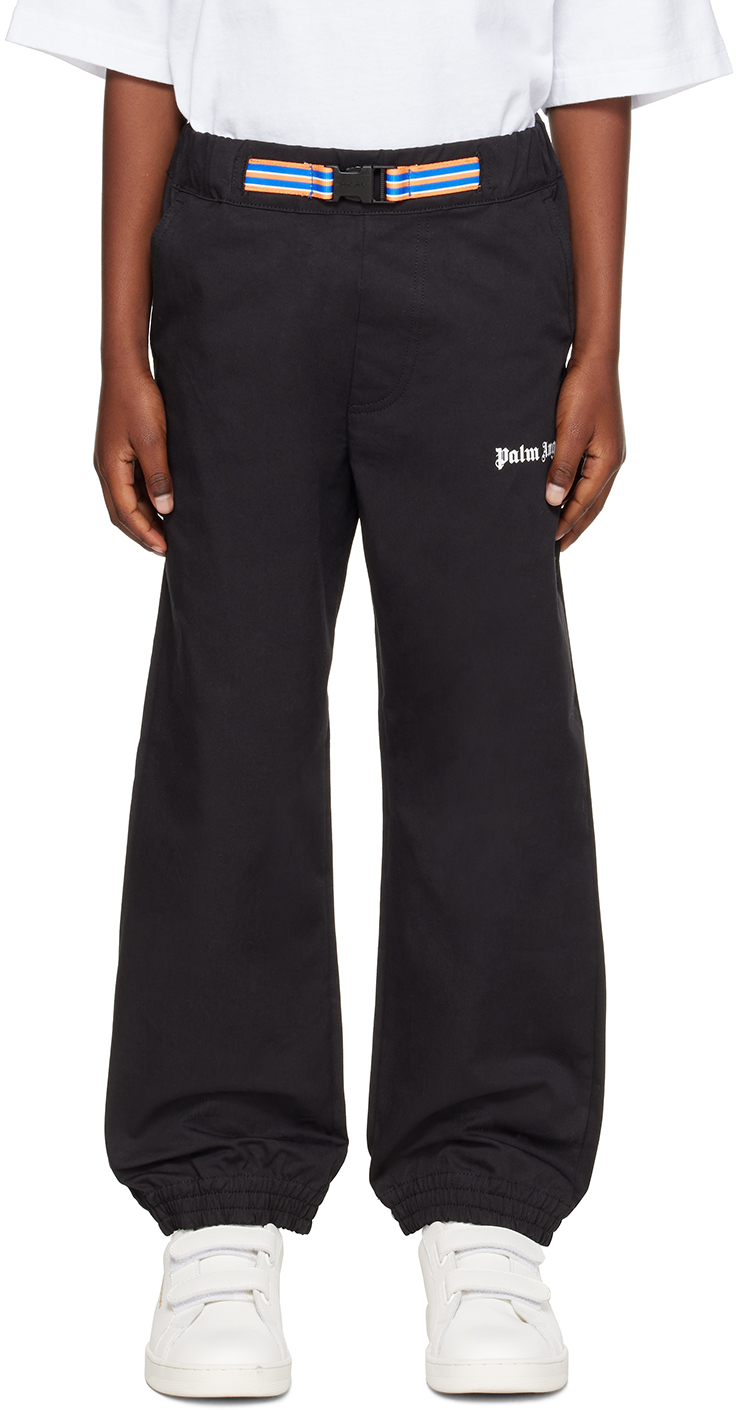 Palm Angels Kids Black Belted Trousers In Black White