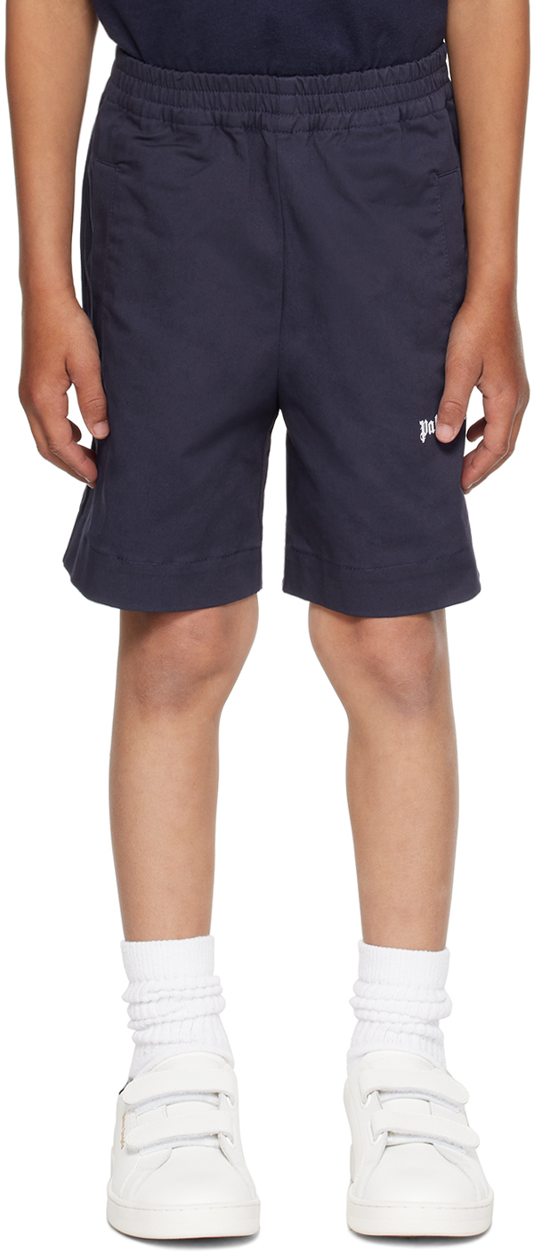 Palm Angels Kids Navy Printed Shorts In Blue White