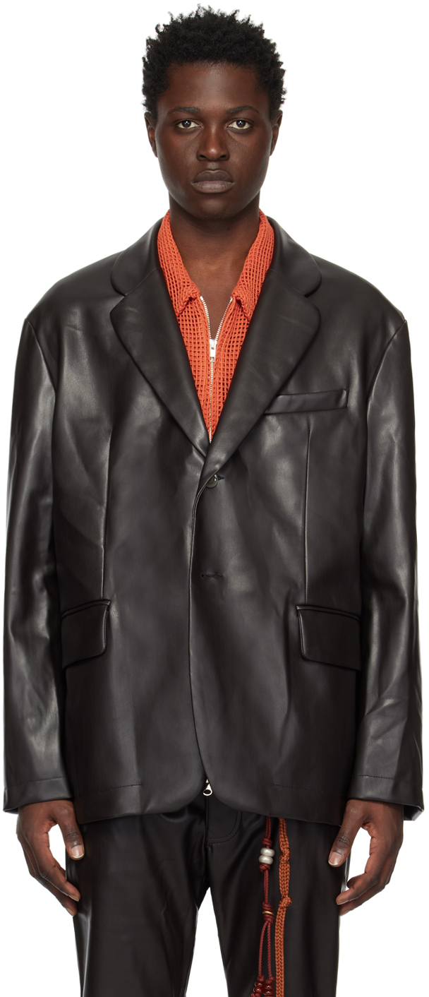Song For The Mute Brown Square Faux-leather Blazer In Dark Brown