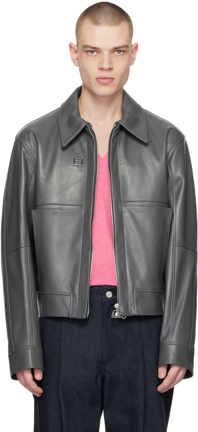 Wooyoungmi Gray Cropped Leather Jacket In Grey 654g