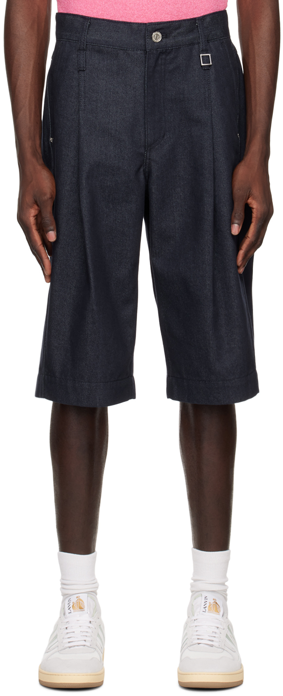 Navy Pleated Denim Shorts