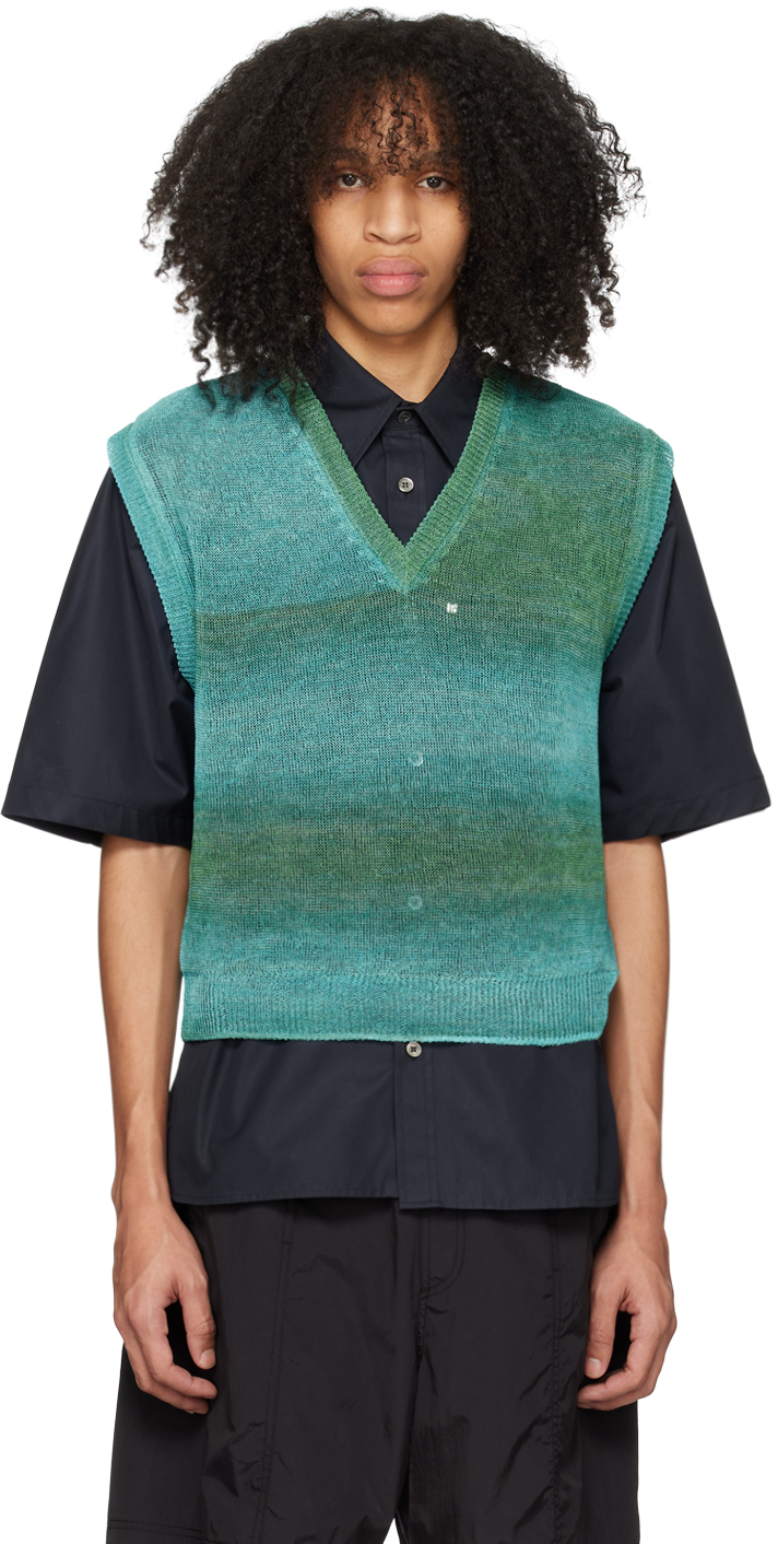 Wooyoungmi Green & Blue Gradient Stripe Waistcoat In Mint 540m