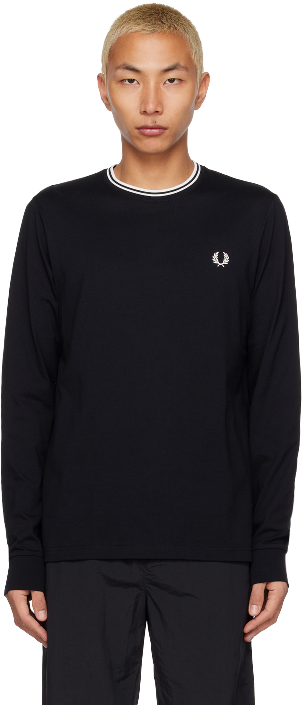 Fred Perry Black Crewneck Long Sleeve T-shirt In 102 Black