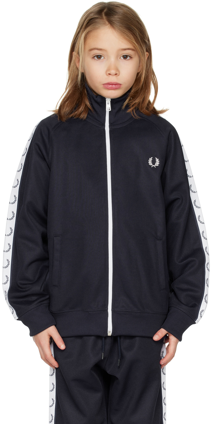 Fred Perry Kids Navy Taped Track Jacket In 266 Carbon Blue