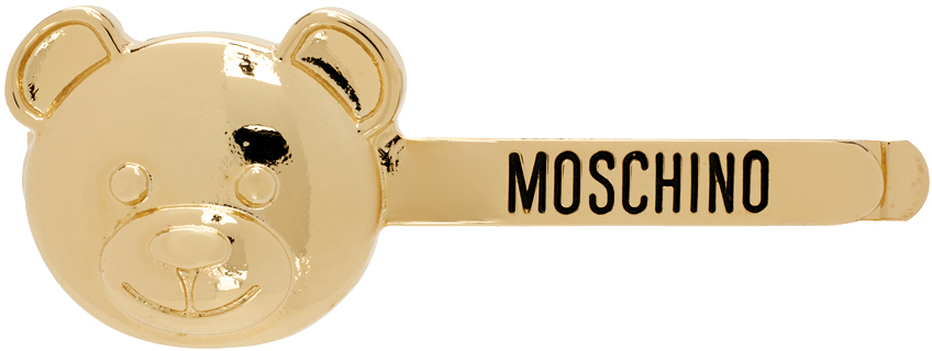Moschino Teddy Bear Logo Engraved Hair Slide In Gold