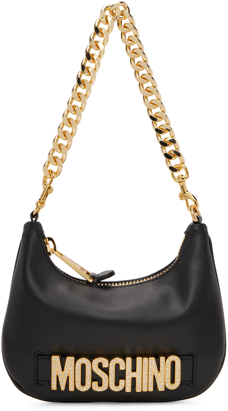 Moschino Women's Leather Crystal-logo Crescent Shoulder Bag In Black
