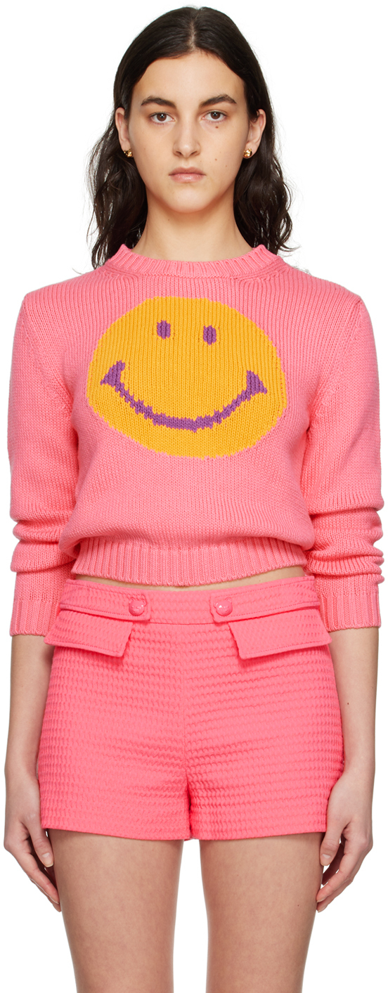 Shop Moschino Pink Smiley Graphic Sweater In J3205 Fantasy Print