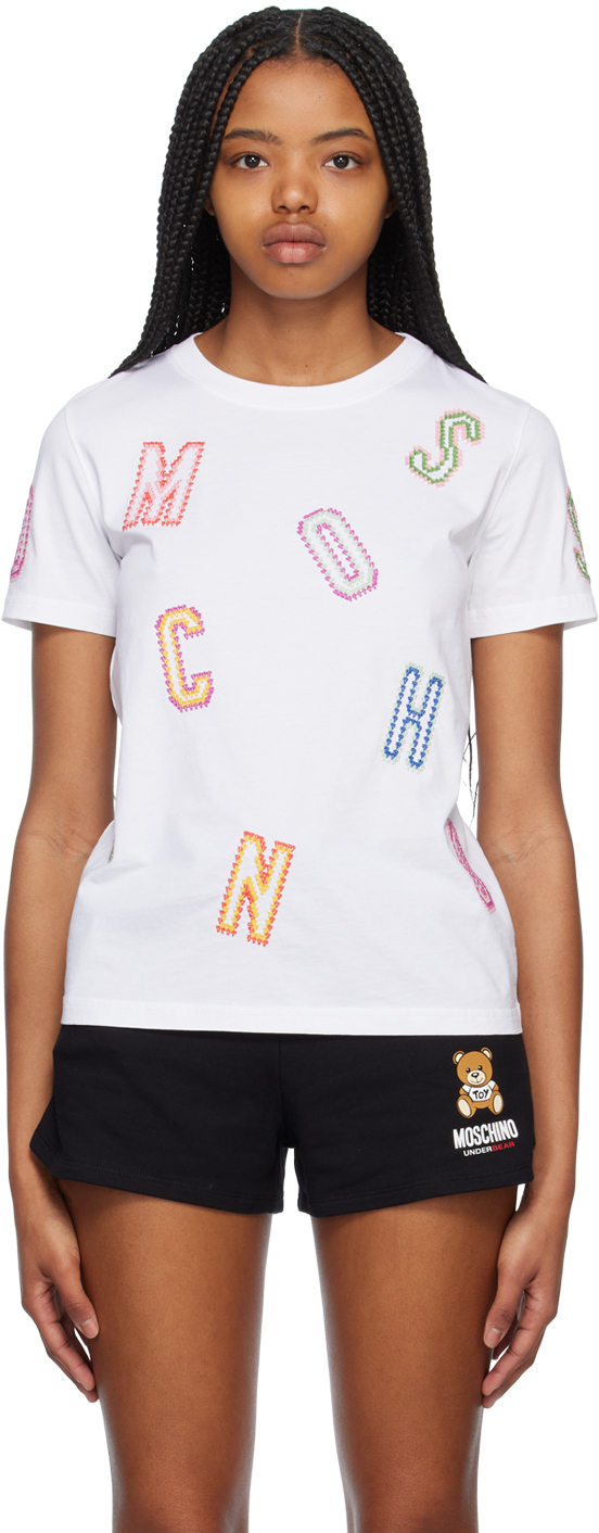 Shop Moschino White Lettering T-shirt In A2001 Fantasy Print