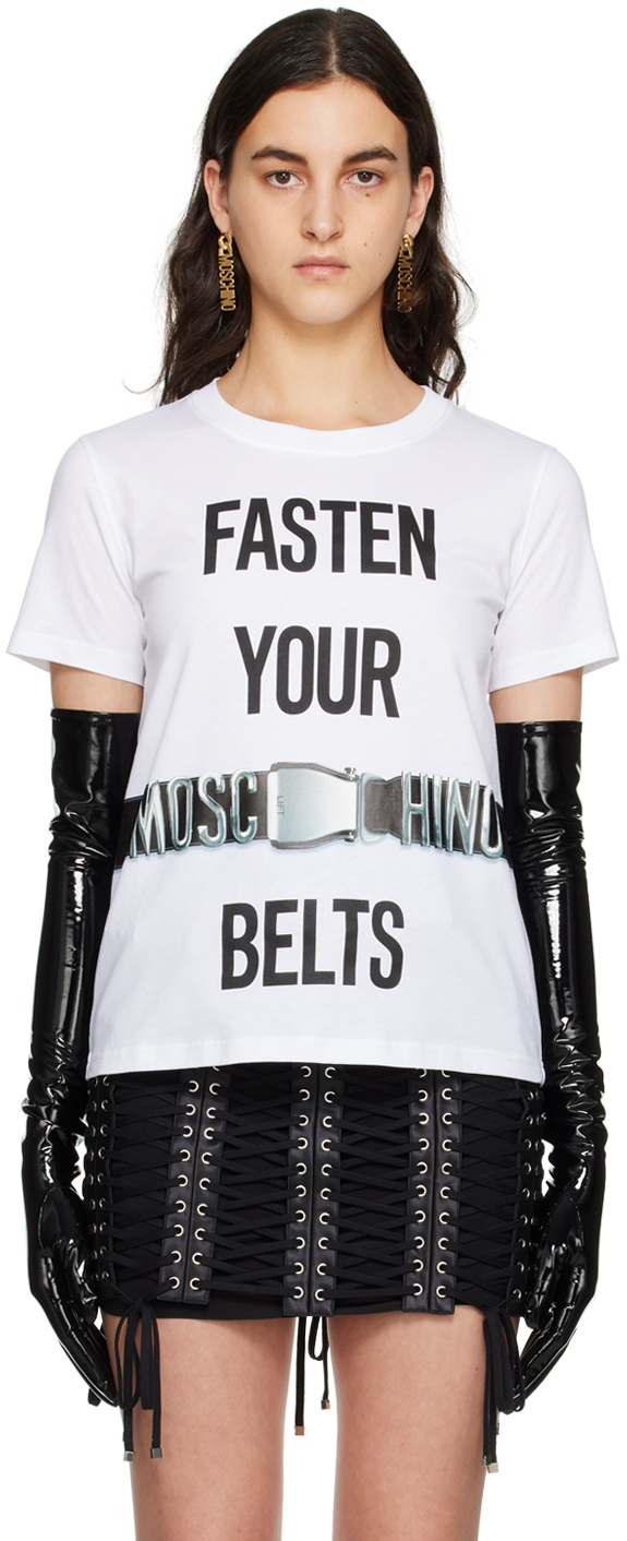 Shop Moschino White 'fasten Your Belts' T-shirt In A5001 Fantasy Print