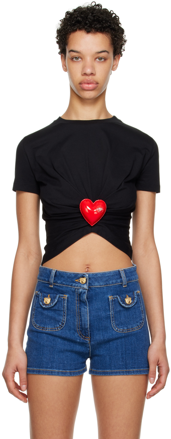 Moschino Inflatable Heart Cropped T-shirt In J0555 Black