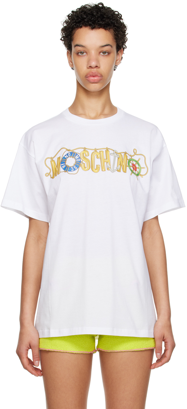 Shop Moschino White Nautical T-shirt In A1001 Fantasy Print
