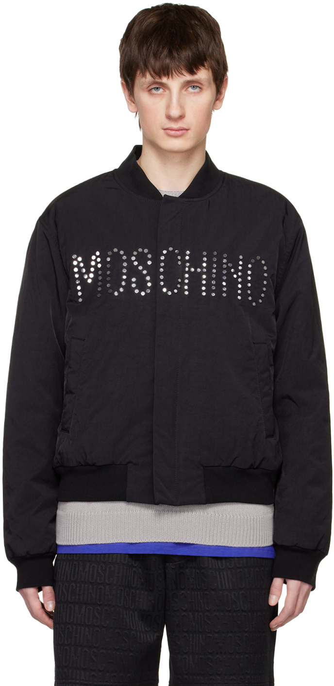 Shop Moschino Black Embellished Bomber Jacket In J2555 Fantasy Print