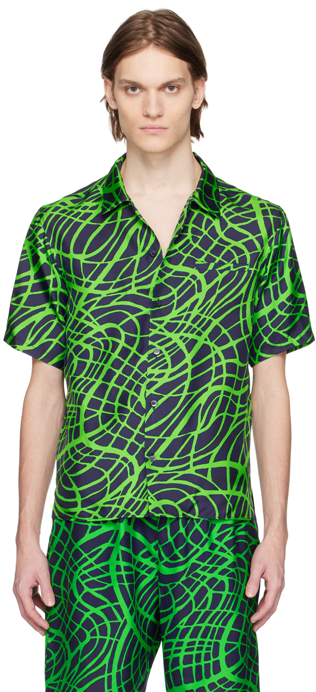 Shop Moschino Navy & Green Wave Shirt In A1290 Fantasy Print