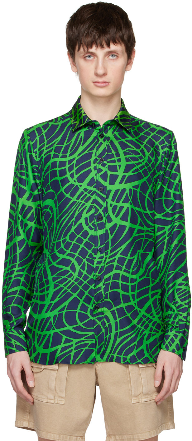Moschino Navy & Green Wave Line Shirt In J1290 Fantasy Print