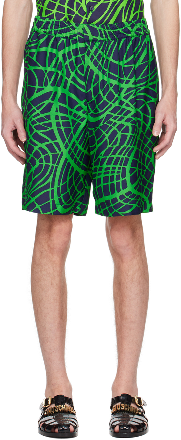 Shop Moschino Navy & Green Wave Shorts In A1290 Fantasy Print