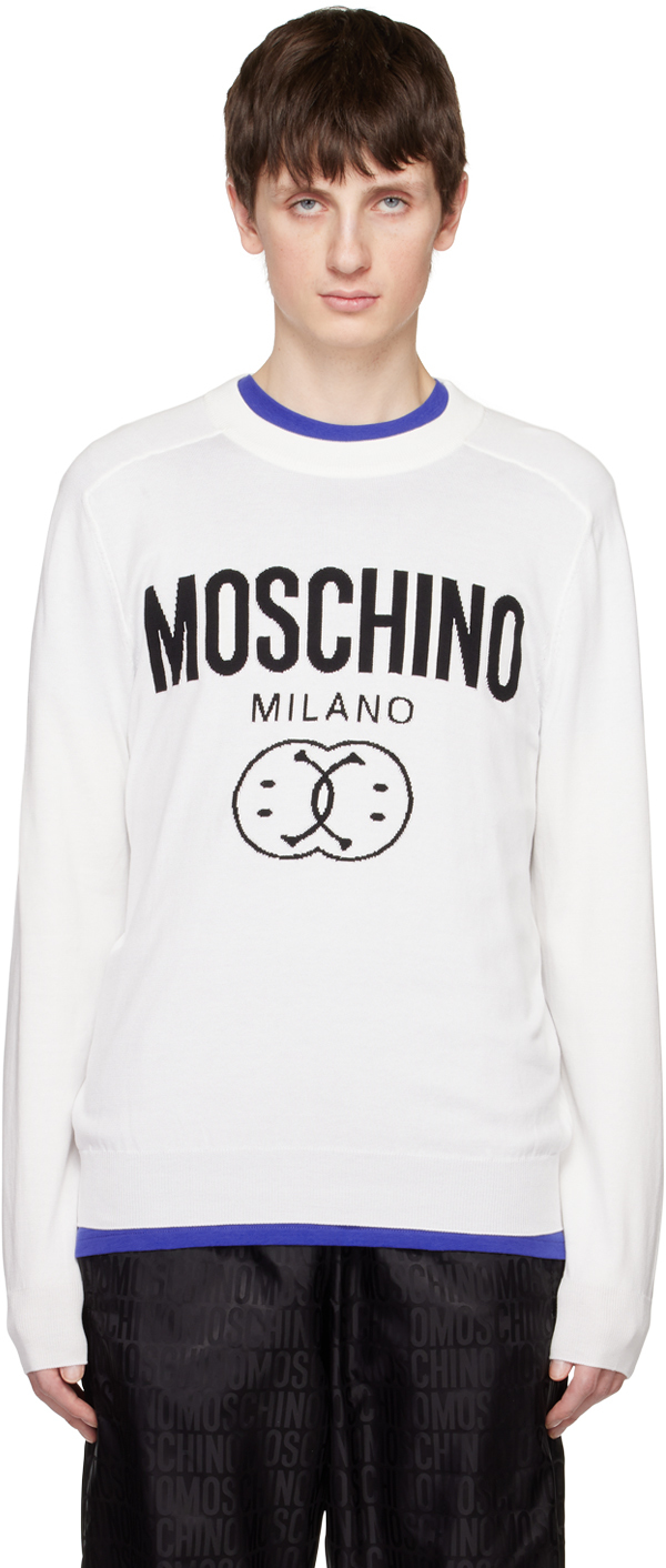 Moschino White Double Smiley Sweater In A3002 Fantasy Print