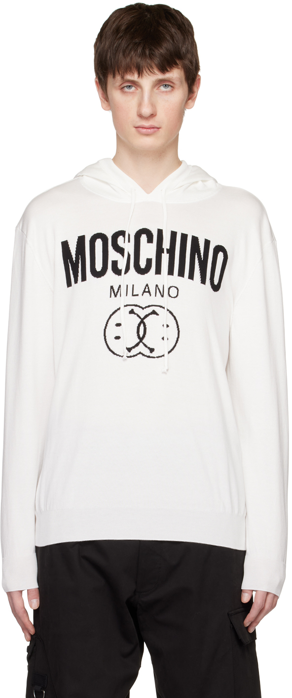 Moschino White Double Smiley Hoodie In A3002 Fantasy Print