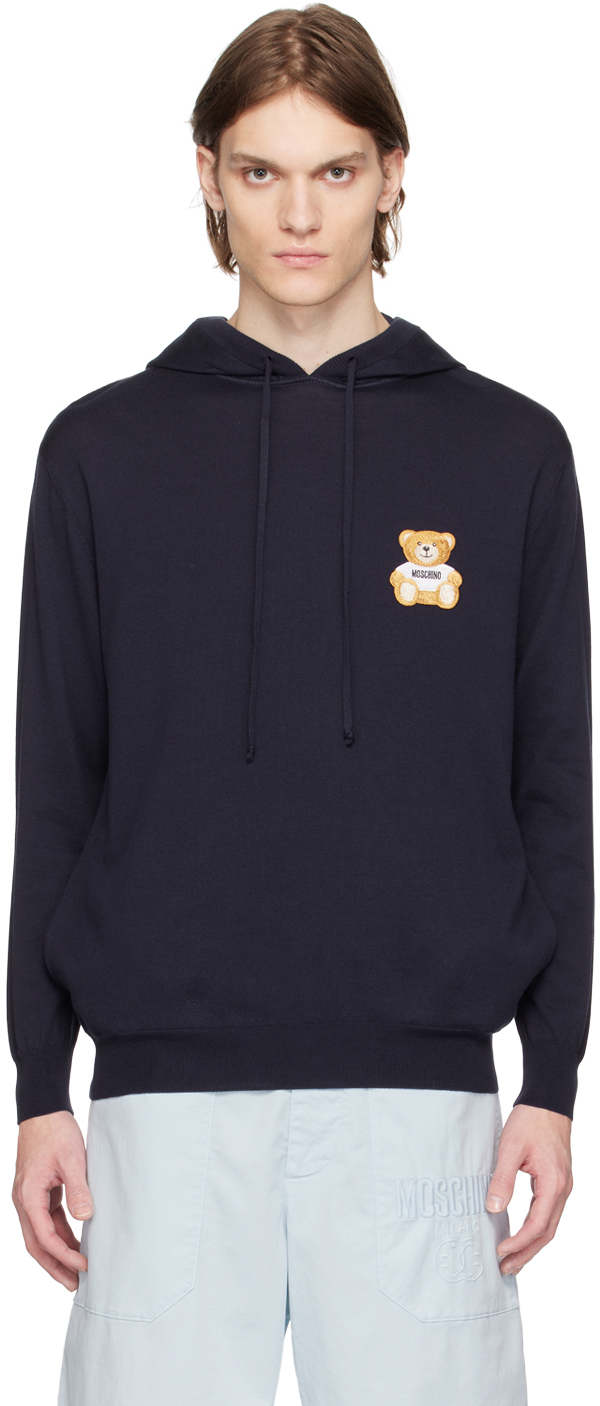 Moschino: Navy Patch Hoodie | SSENSE Canada