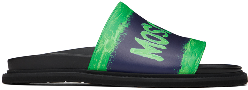 Moschino Black & Green Logo Sandals In 75a Fantasy Color