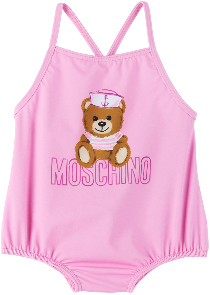 Moschino Babies' Teddy Bear Crossover-straps One-piece In Bonbon Pink