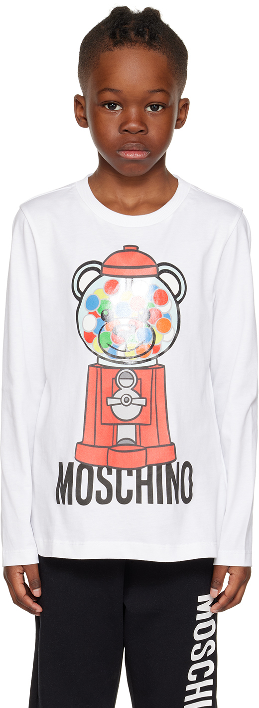 Moschino Kids White Printed Long Sleeve T-shirt In Var. 10101 Optic Whi