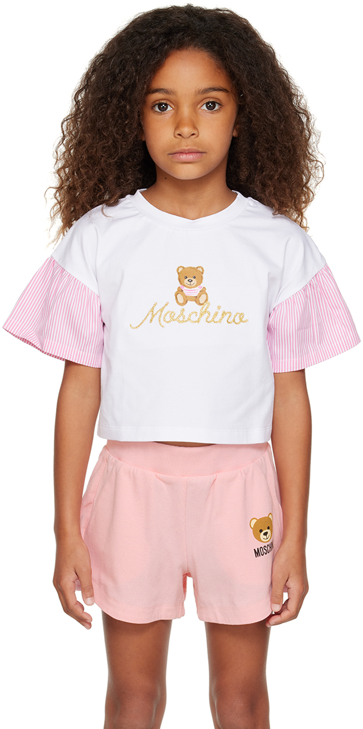 Moschino Kids White Embroidered T-shirt In Var. 10101 Optic Whi