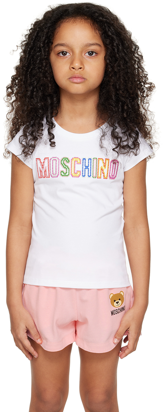 Shop Moschino Kids White Embroidery T-shirt In Var. 10101 Optic Whi