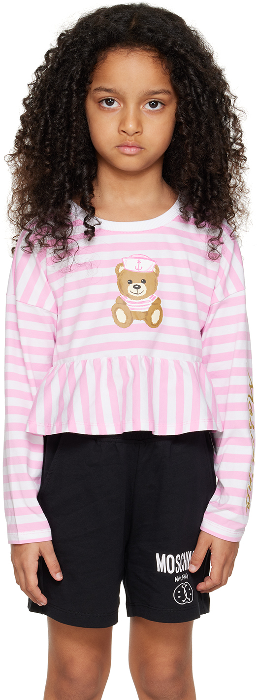 Moschino Kids Pink & White Striped Long Sleeve T-shirt In Var. 84516 Stripes P
