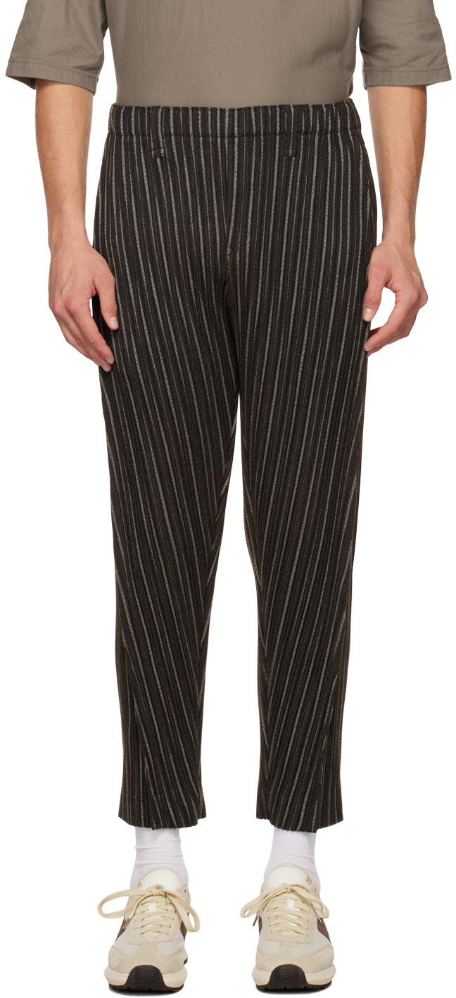 Issey Miyake Brown Pleats Trousers In 18 Black Stripe