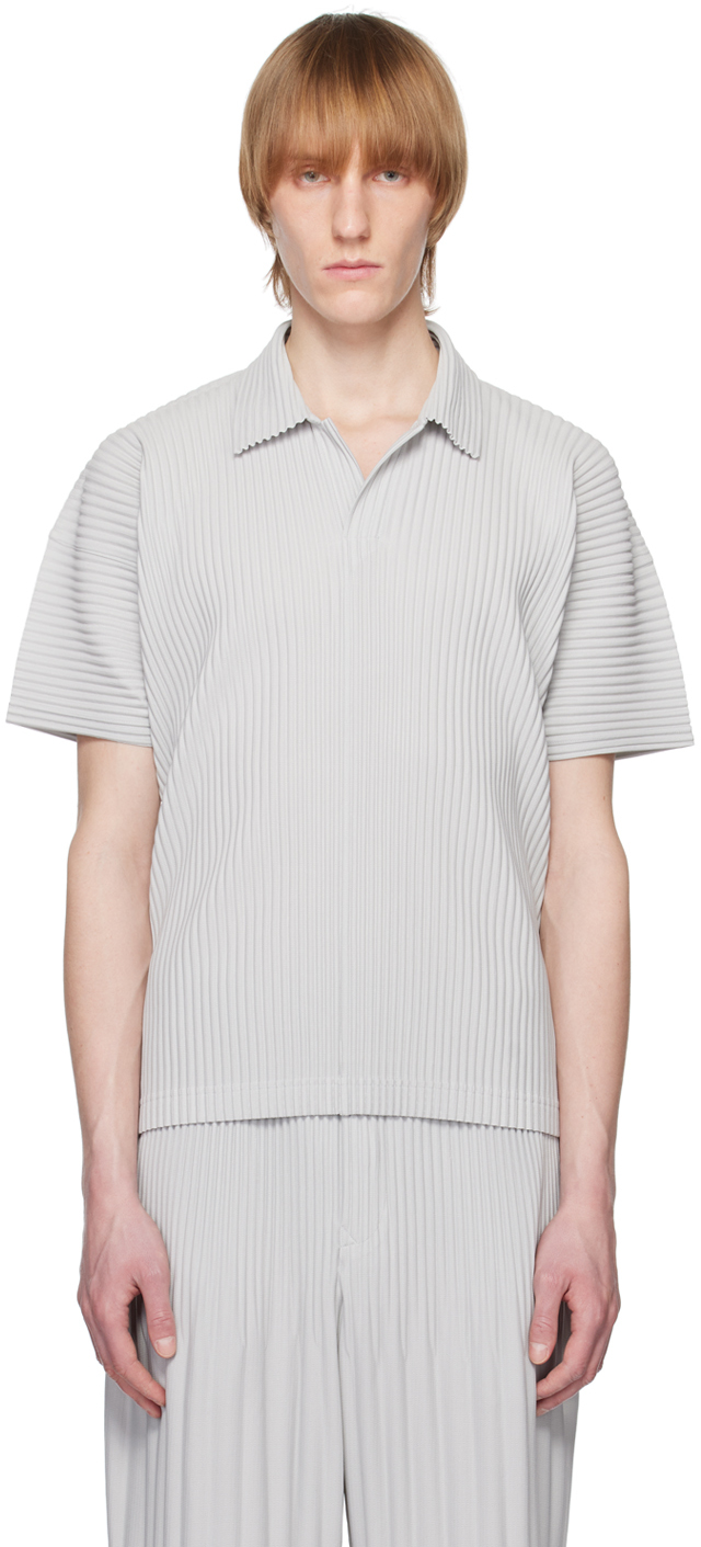 Issey Miyake Pleated Relaxed-fit Knitted Polo Shirt In Light Gray