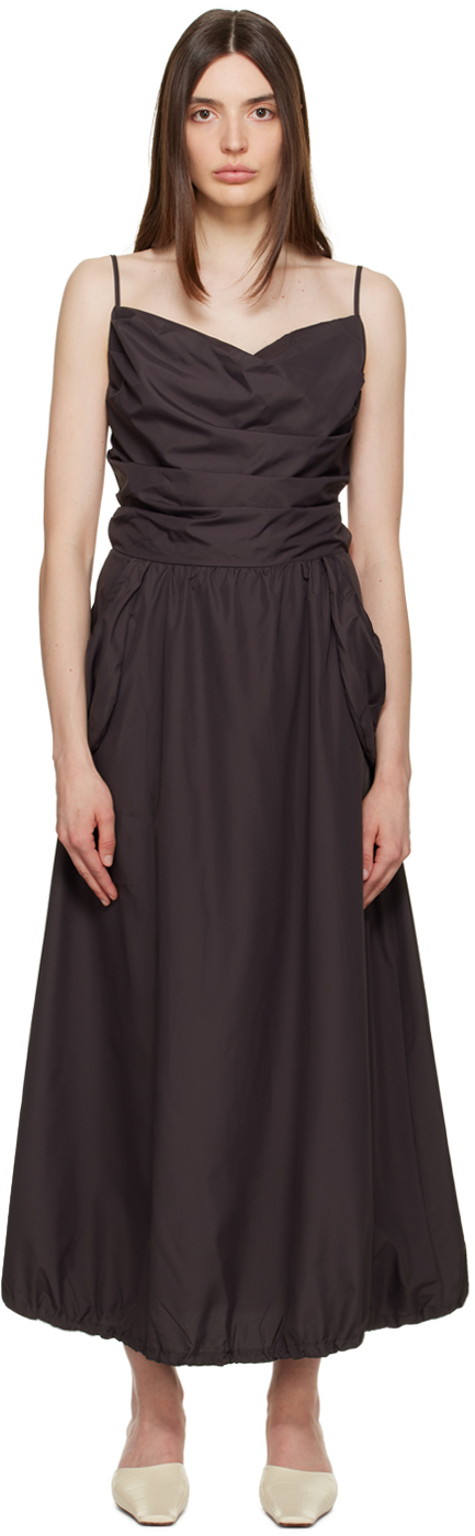 Theopen Product Brown Gathered Midi Dress In Deep Brown Depbrw