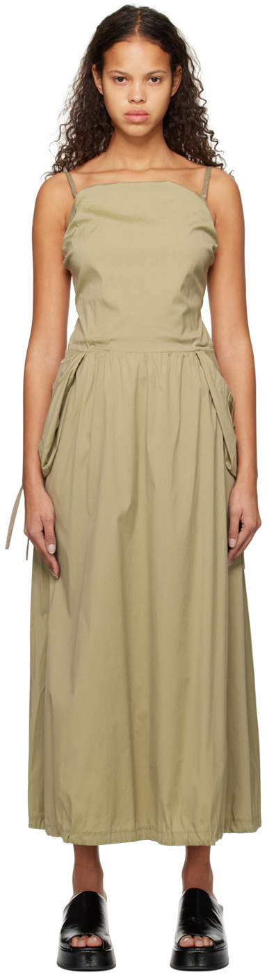 Khaki Gathered Maxi Dress by OPEN YY on Sale