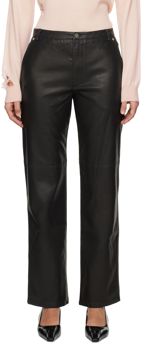 Black Straight Fit Faux-Leather Trousers