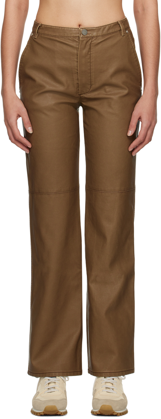 Brown Straight-Leg Faux-Leather Trousers