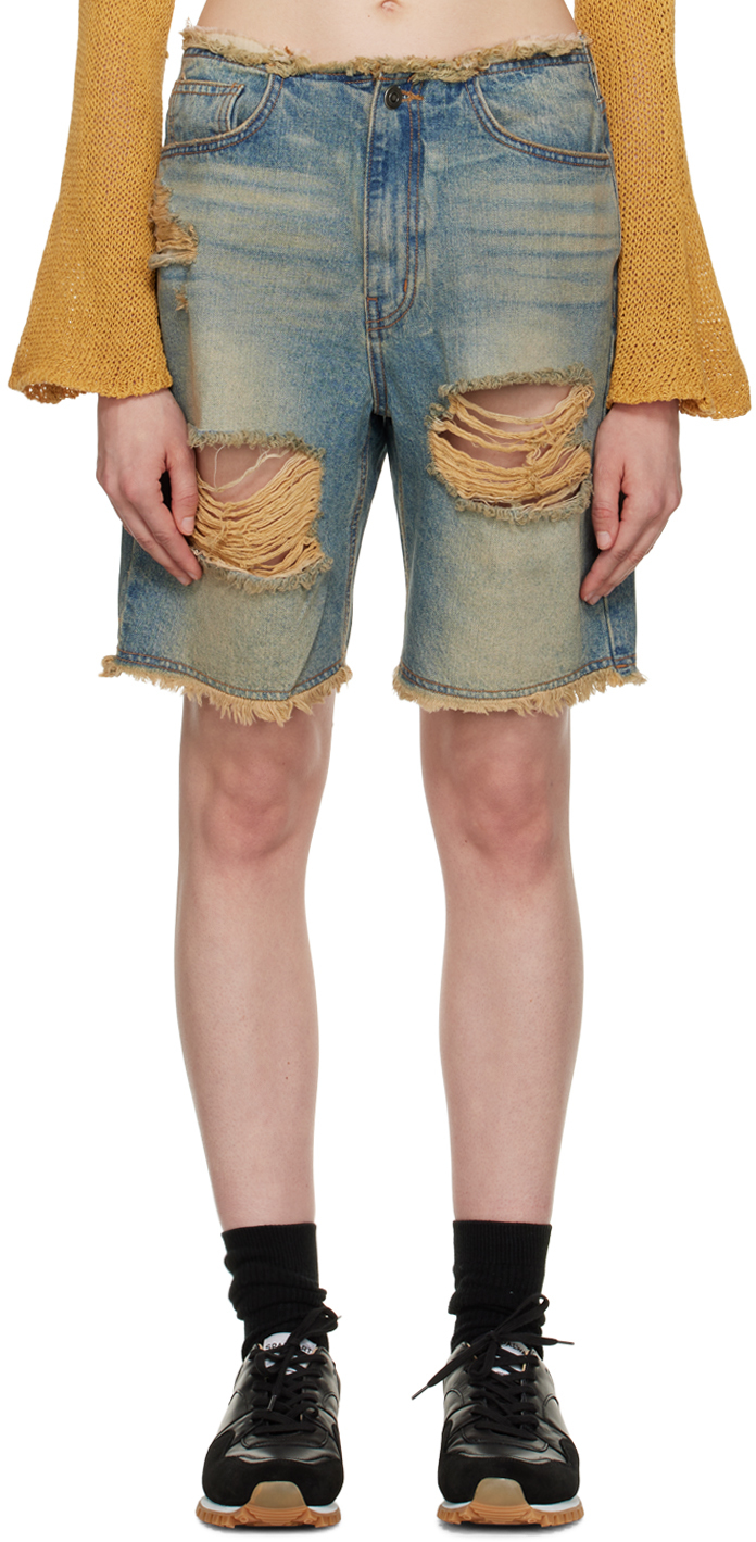 Blue Distressed Denim Shorts by OPEN YY on Sale
