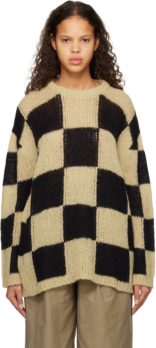 Beige Check Sweater by OPEN YY on Sale