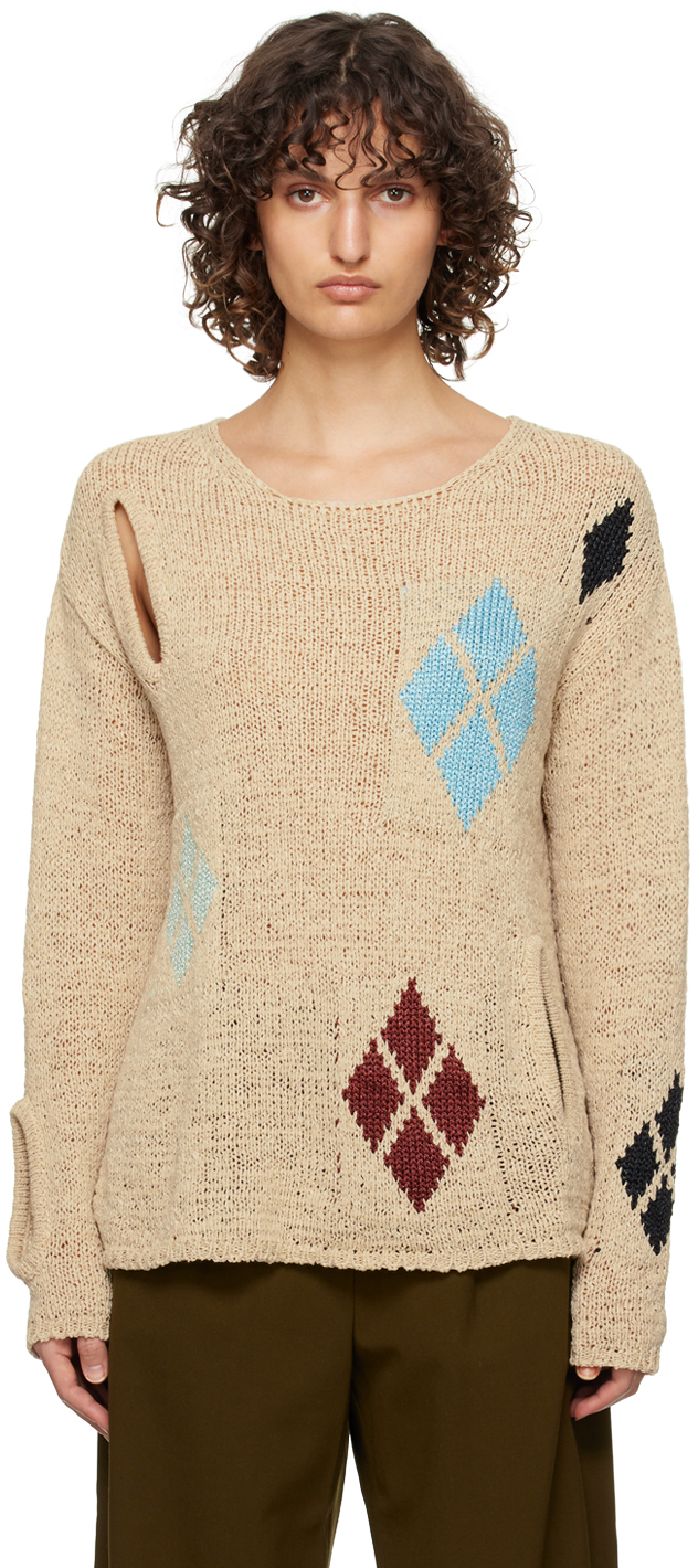 Beige Argyle Sweater by OPEN YY on Sale