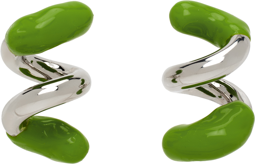 Sunnei Silver & Green Fusillo Rubberized Earrings In 7512 Silver Fern Gre