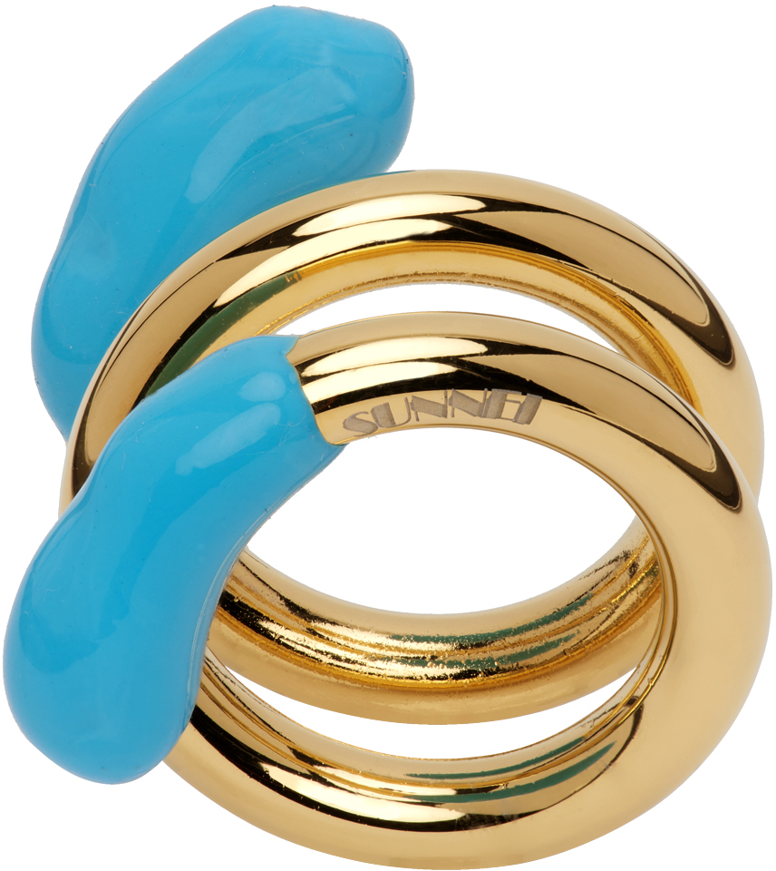 Shop Sunnei Gold & Blue Double Fusillo Ring In 7511 Gold Sky Blue