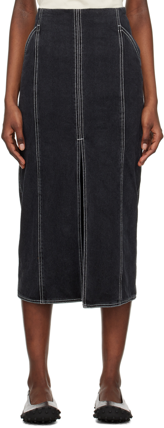 Sunnei Gray Faded Denim Midi Skirt In 7628 Washed Black De