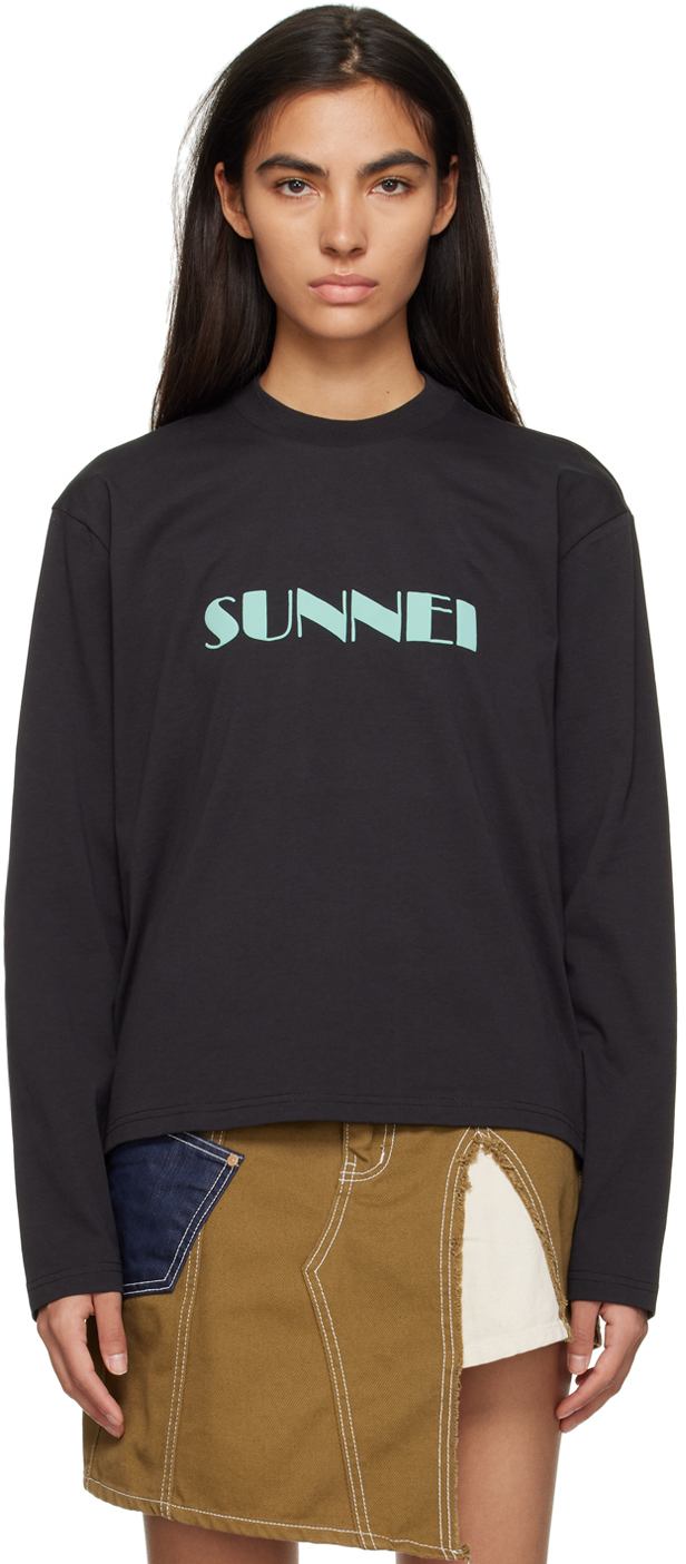 Sunnei Ssense Exclusive Black Long Sleeve T-shirt In 7708 Black/aqua